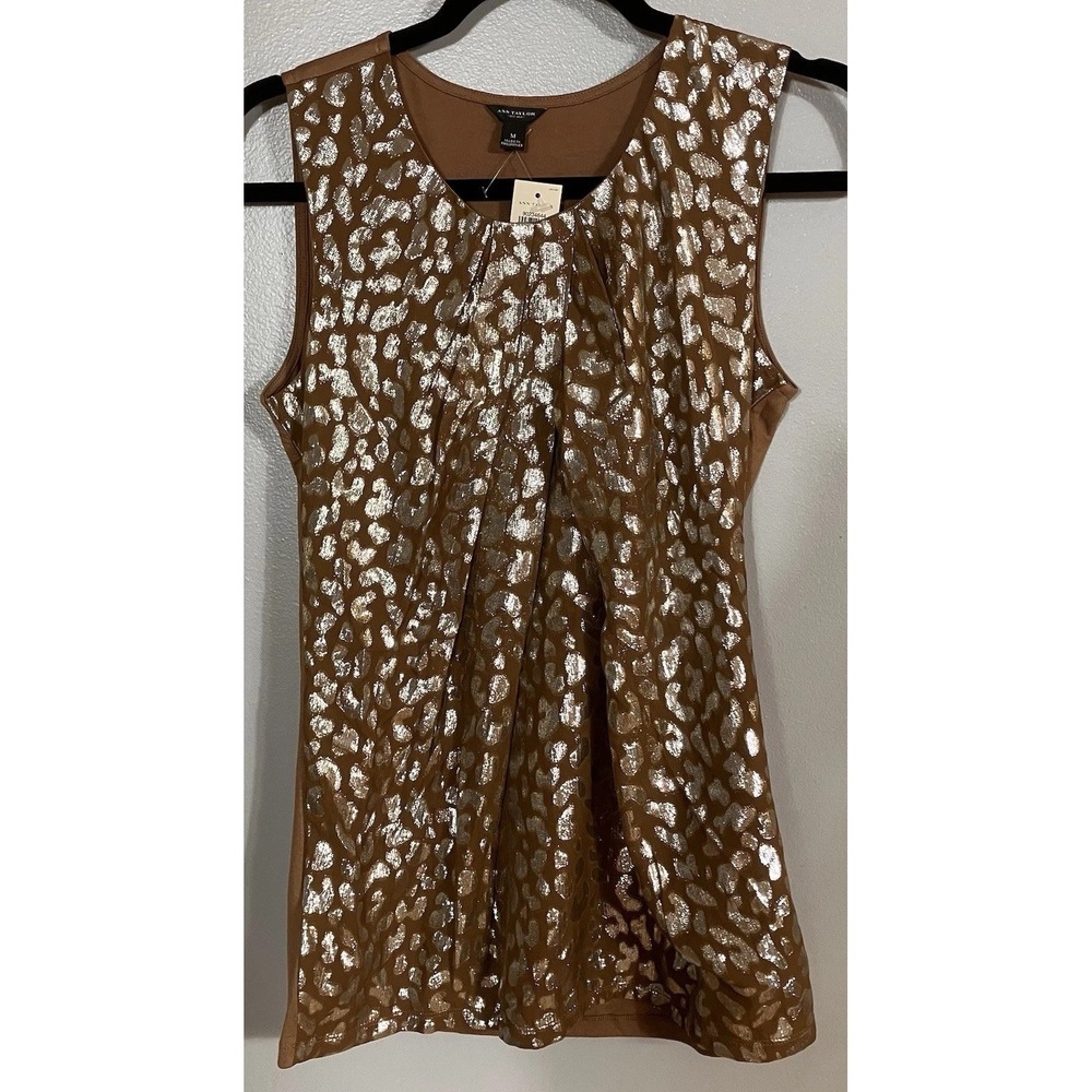 NWT $78 Ann Taylor Brown & Sliver Metallic Leopard Front Shell Top Size M